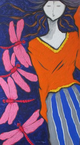 A Girl With Pink Dragonflies by Shivayogi  Mogali, Painting | Mojarto