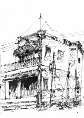 A Traditional Building with Monkey-Top, Ashok Nagar, Bangalore.  by Badal C Majumdar, Drawing | Mojarto
