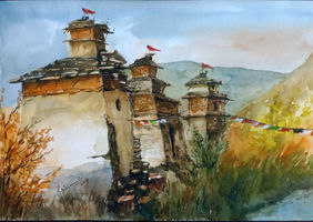 Temples In The Himalayas  by Krishnendu Chatterjee, Painting | Mojarto