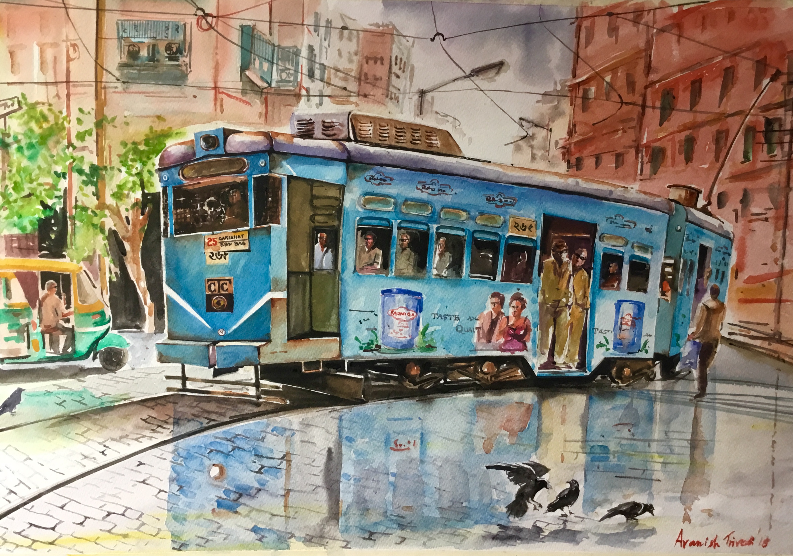 Calcutta Tram..City of Joy in Rain by Avanish Trivedi, Painting | Mojarto