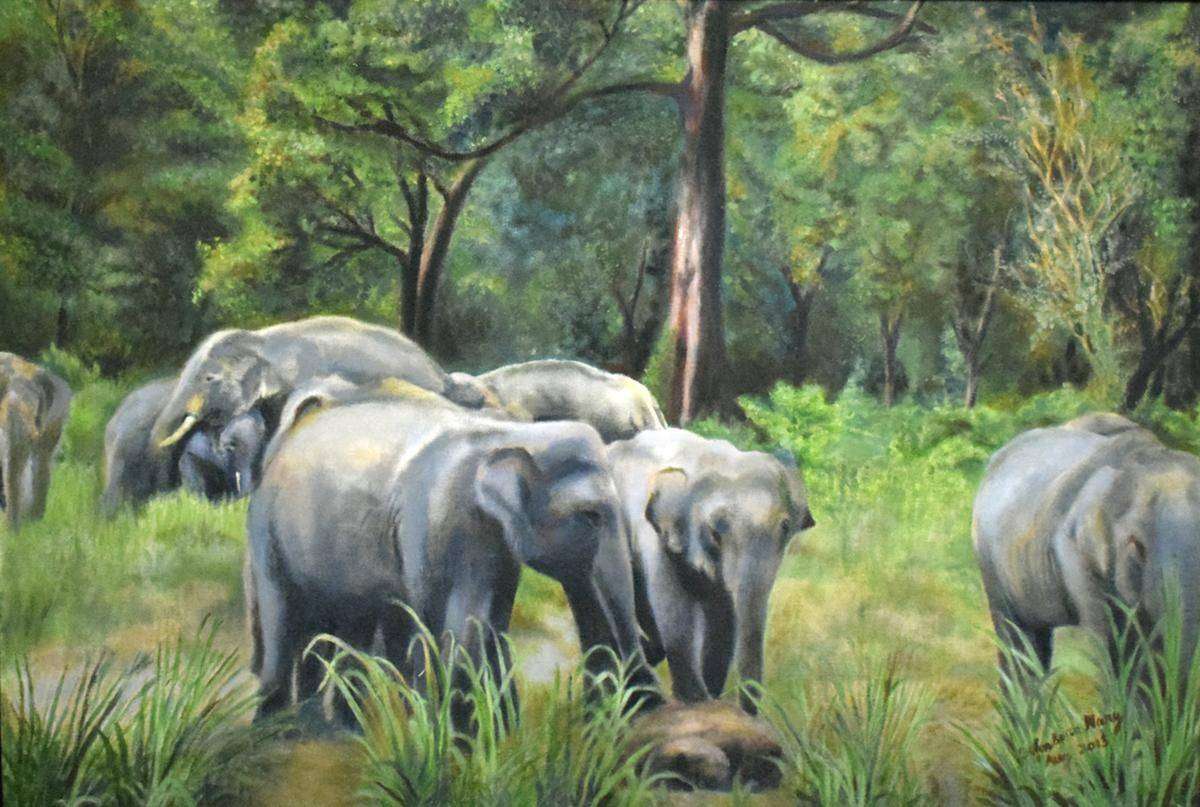 Elephants in a Forest by artist John Bosco Mary Image, Painting Mojarto