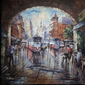 Twins tram in Kolkata  by SHUBHASHIS MANDAL, Painting | Mojarto