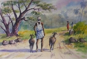Village Life Landscape by BALAKRISHNAN S, Painting | Mojarto