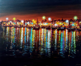 Colorful Night Varanasi Ghats  by Samiran Sarkar, Painting | Mojarto