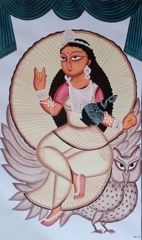 Maa Lakshmi with white owl and pot of gold by Layala Chitrakar, Folk Art | Mojarto