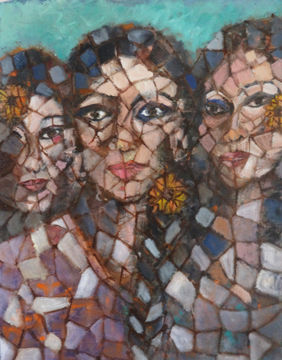 Three Women in Mosaic Pattern Oil Painting by Indrani Ghosh, Painting | Mojarto