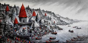 Nandi's Vow: Crimson Blessing on Sacred Ghats of Kashi by Ananda Das, Painting | Mojarto