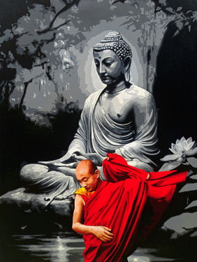 LORD BUDDHA WITH MONK 12 by Sujit Karmakar, Painting | Mojarto