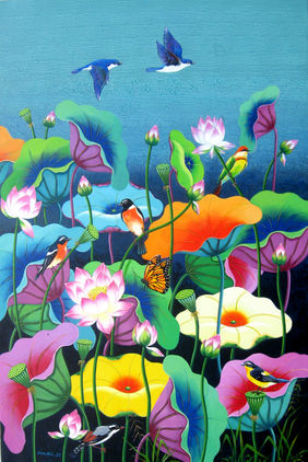 Lotus Pond -20 by Sk Nur Ali, Painting | Mojarto