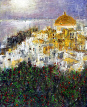 Coastal Landscape With Flower Field Semi Abstract Oil Painting by Indrani Ghosh, Painting | Mojarto
