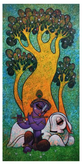 Balkrishna with cow-55 by Ramesh  p.gujar, Painting | Mojarto