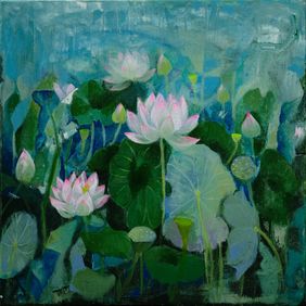 Untitled (Lotus Pond II) - 24-inch x 24-inch (2025) by Sumita Maity, Painting | Mojarto