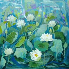 Untitled (Lotus Pond I) - 24-inch x 24-inch (2025) by Sumita Maity, Painting | Mojarto
