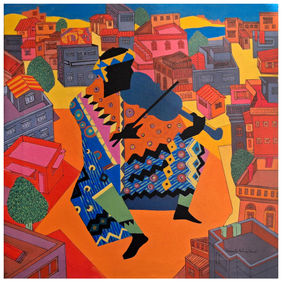 The Musician in the Cityscape by Prasanta Acharjee, Painting | Mojarto