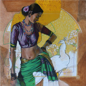 My Muse and the Moonlight Peacock (beauty series) by Ramchandra Shivaji Kharatmal, Painting | Mojarto