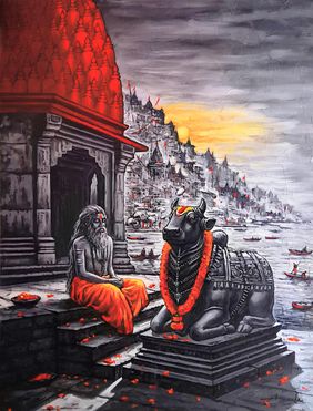  Nandi's Silent Vigil: The Esoteric Peace of Varanasi by Ananda Das, Painting | Mojarto