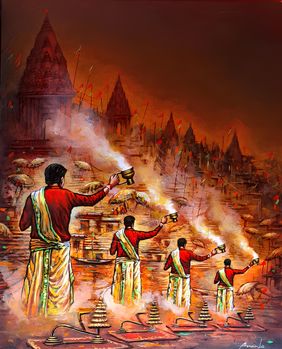 Kashi's Divine Fire: Ghats of Eternity by Ananda Das, Painting | Mojarto