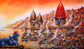 Nandi's Oracle: Varanasi's Gilded Ghats & Ganga's Gold by Ananda Das, Painting | Mojarto