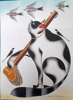 Kalighat Cat with Sitar, Crows and Flying Fish by Bhaskar Chitrakar, Painting | Mojarto