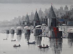 Nandi on Banaras Ghat by Reba Mandal, Painting | Mojarto