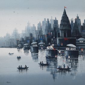 Nandi on Banaras Ghat by Reba Mandal, Painting | Mojarto