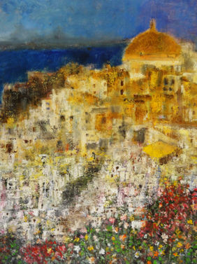 Santorini Landscape Semi Abstract Oil Painting by Indrani Ghosh, Painting | Mojarto