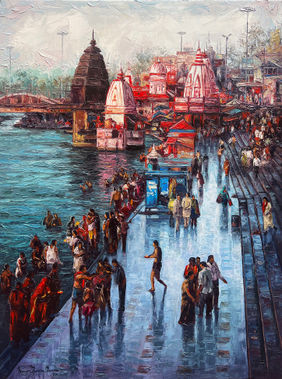 Evening Ritual at Haridwar by Iruvan Karunakaran, Painting | Mojarto