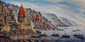 Aura of Nandi: Golden Varanasi Ghats of Fortune by Ananda Das, Painting | Mojarto