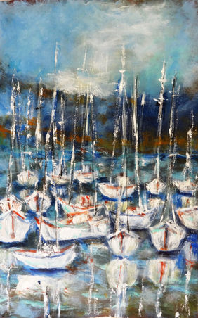 Sailboats at Harbor Semi Abstract Acrylic Painting by Indrani Ghosh, Painting | Mojarto