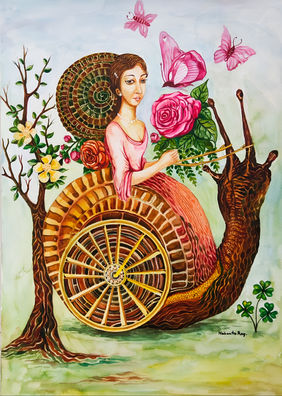 Enchanted Majesty: A Unique Watercolor of a Queen and Her Snail by Nabanita Ray, Painting | Mojarto