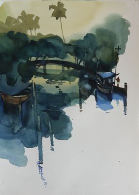 Dusk by the backwaters 2 by Prashant Prabhu, Painting | Mojarto