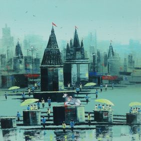 Nandi on Banaras Ghat by Reba Mandal, Painting | Mojarto