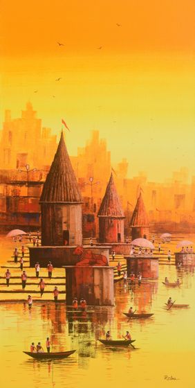 Nandi on Banaras Ghat by Reba Mandal, Painting | Mojarto