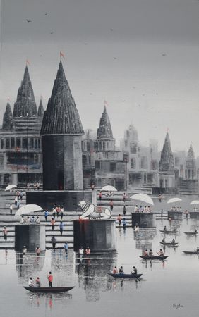 Nandi on Banaras Ghat by Reba Mandal, Painting | Mojarto