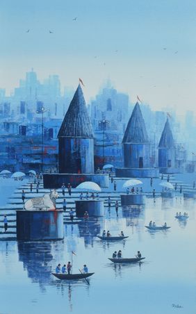 Nandi on Banaras Ghat by Reba Mandal, Painting | Mojarto