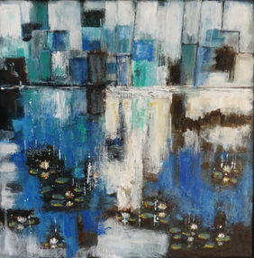 Where the City Pauses - Abstract Cityscape with Water Lilies by Indrani Ghosh, Painting | Mojarto