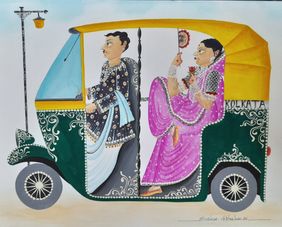 Babu-Bibi in an auto by Bhaskar Chitrakar, Painting | Mojarto