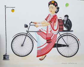 Kali-Kahlo on cycle with monkey. by Bhaskar Chitrakar, Painting | Mojarto