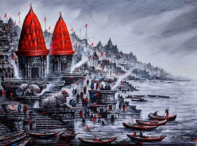 Ganga’s Crimson Grace: Nandi’s Blessing from Banaras by Ananda Das, Painting | Mojarto