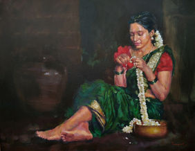 Threading jasmine garland by Jeyaprakash M, Painting | Mojarto