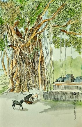 Bnyan shade and goats by Munmun Kirtania, Painting | Mojarto