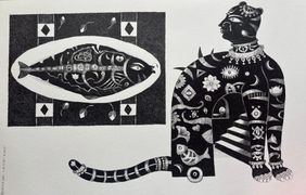 Cat with Fish by Bhaskar Lahiri, Drawing | Mojarto
