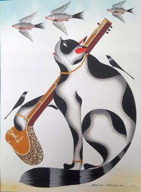 Kalighat Cat with Sitar, Crows & Flying Fish by Bhaskar Chitrakar, Folk Art | Mojarto