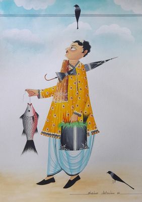 Babu receiving crow's "blessings" by Bhaskar Chitrakar, Folk Art | Mojarto