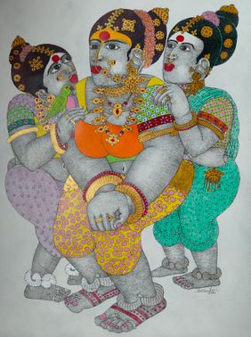 Three women and parrot by Narahari Bhawandla, Drawing | Mojarto