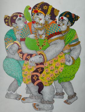 three women and parrot by Narahari Bhawandla, Drawing | Mojarto