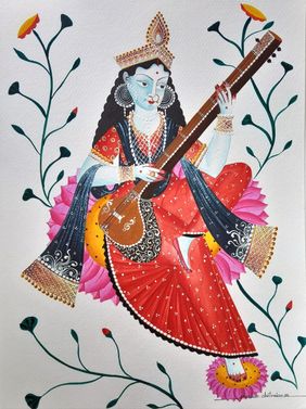 Saraswati : Goddesss of Learning & Music by Bhaskar Chitrakar, Painting | Mojarto