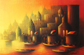 Ganges in the Golden Light by Somnath Bothe, Painting | Mojarto