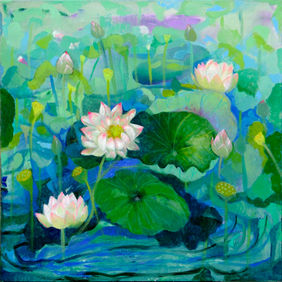 Untitled (Lotus Pond Pink, Blue, Purple, and Green) by Sumita Maity, Painting | Mojarto