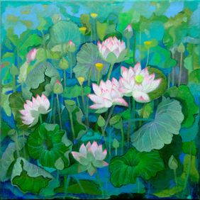 Untitled (Lotus Pond in Pink, Blue, and Green) by Sumita Maity, Painting | Mojarto